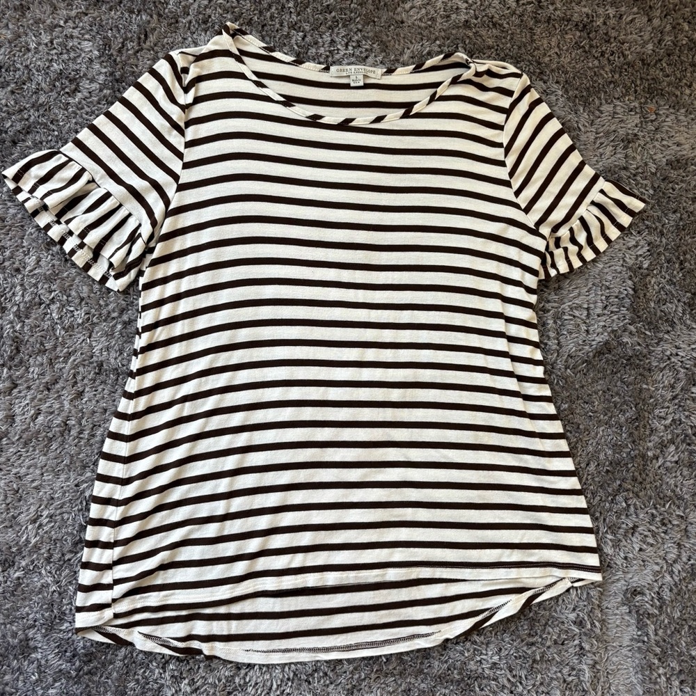 Striped Brown and White Ruffle Sleeve Top Size Large